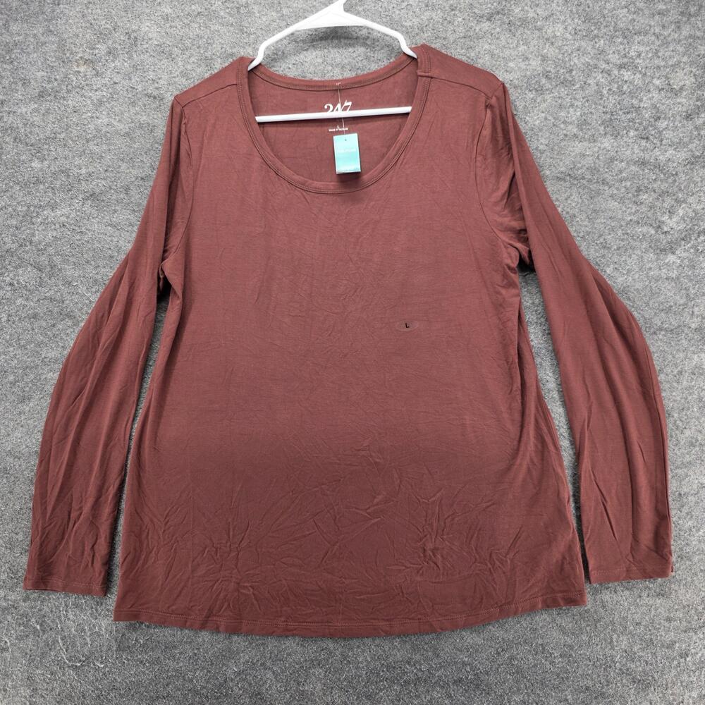 24/7 By Maurices T-Shirt Womens L Brown Long Sleeve Basic Stretch Rayon Spandex